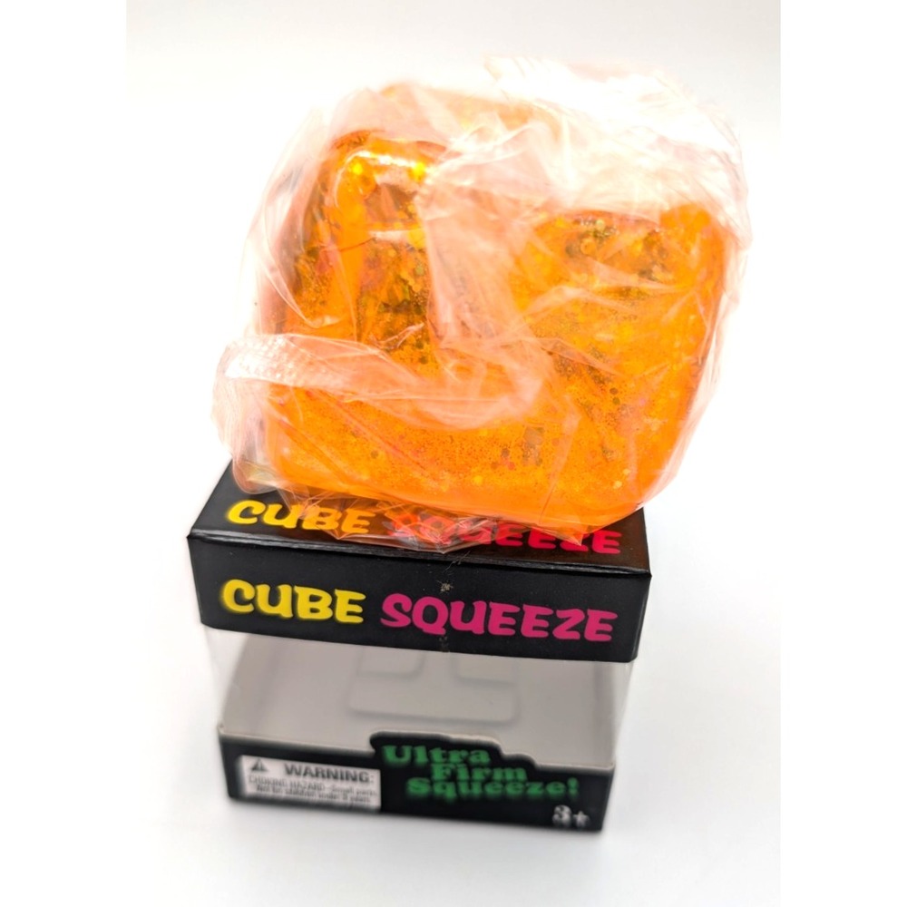 Cube Squeeze Ball Ultra firm squeeze Squish Toy, Orange glitter